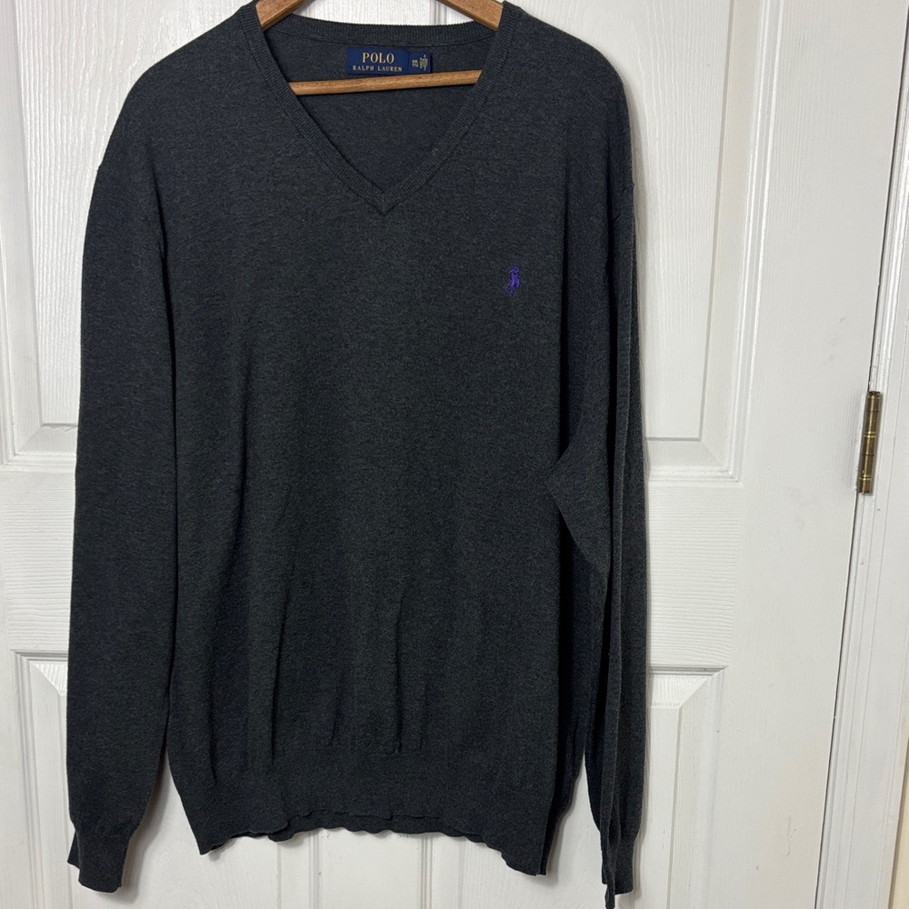 Polo Ralph Lauren Pima Cotton Charcoal Gray V-Neck Sweater Size XXL preppy top